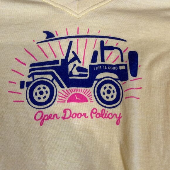 Life is Good V-Neck Open Door Policy Classic Fit Cool Tee XL Cotton Yellow - Picture 2 of 4